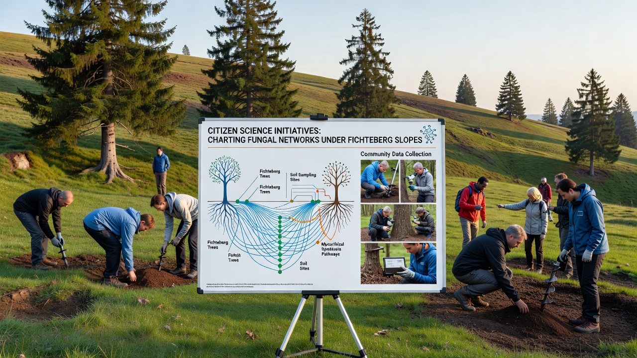 Citizen scientists examining soil samples and fungal structures during a mapping session on Fichteberg slopes