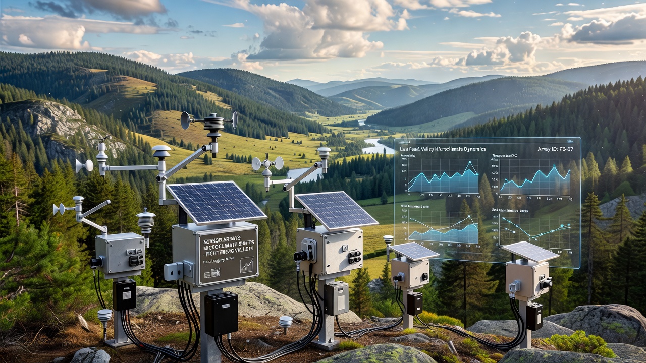 Close-up view of multiple sensor nodes collecting microclimate data on a shaded Fichteberg slope